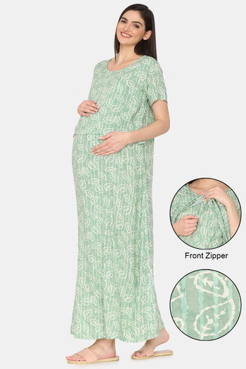 Buy Coucou Maternity Woven Full Length Nightdress With Front Zipper And Discreet Feeding - Summer Green